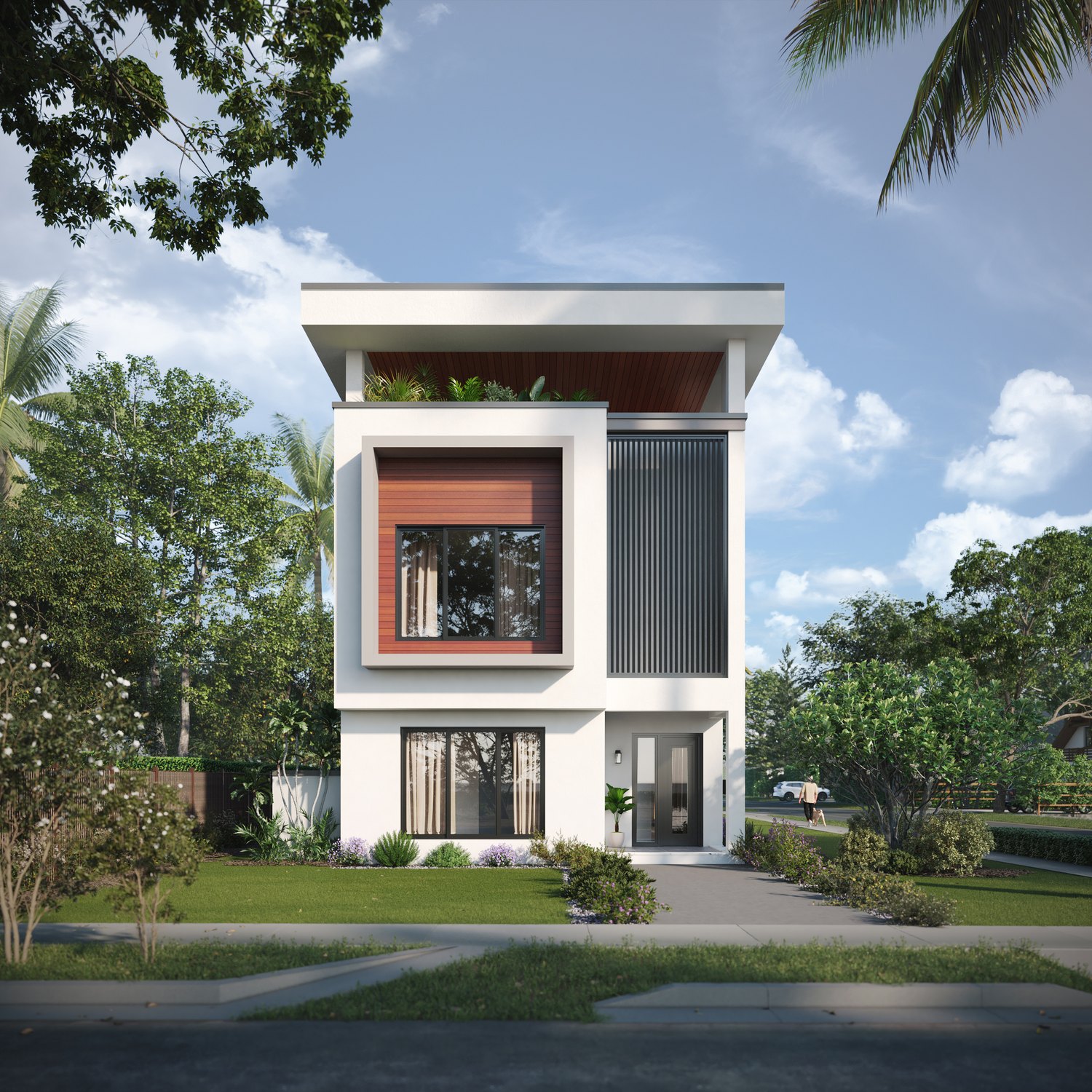 Front rendering of the 201 SW 2nd three-story modern residence