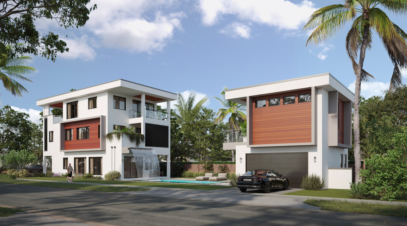 Rear rendering with waterfall, pool, and ADU