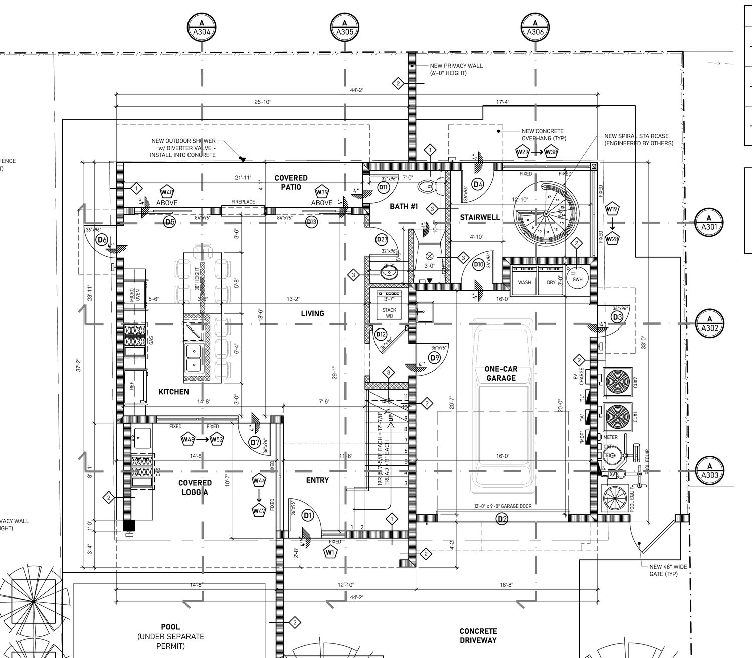 First floor plan — living, kitchen, garage, loggia, pool