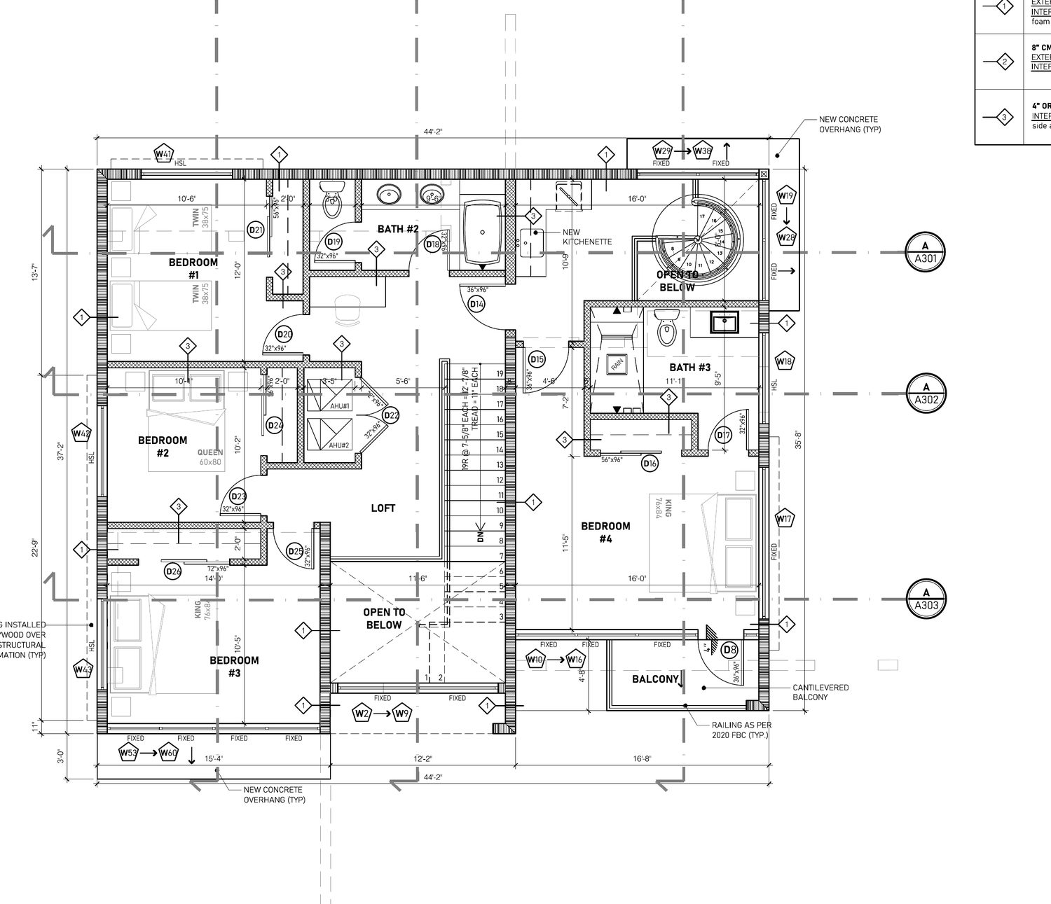 Second floor plan — four bedrooms, loft, balcony