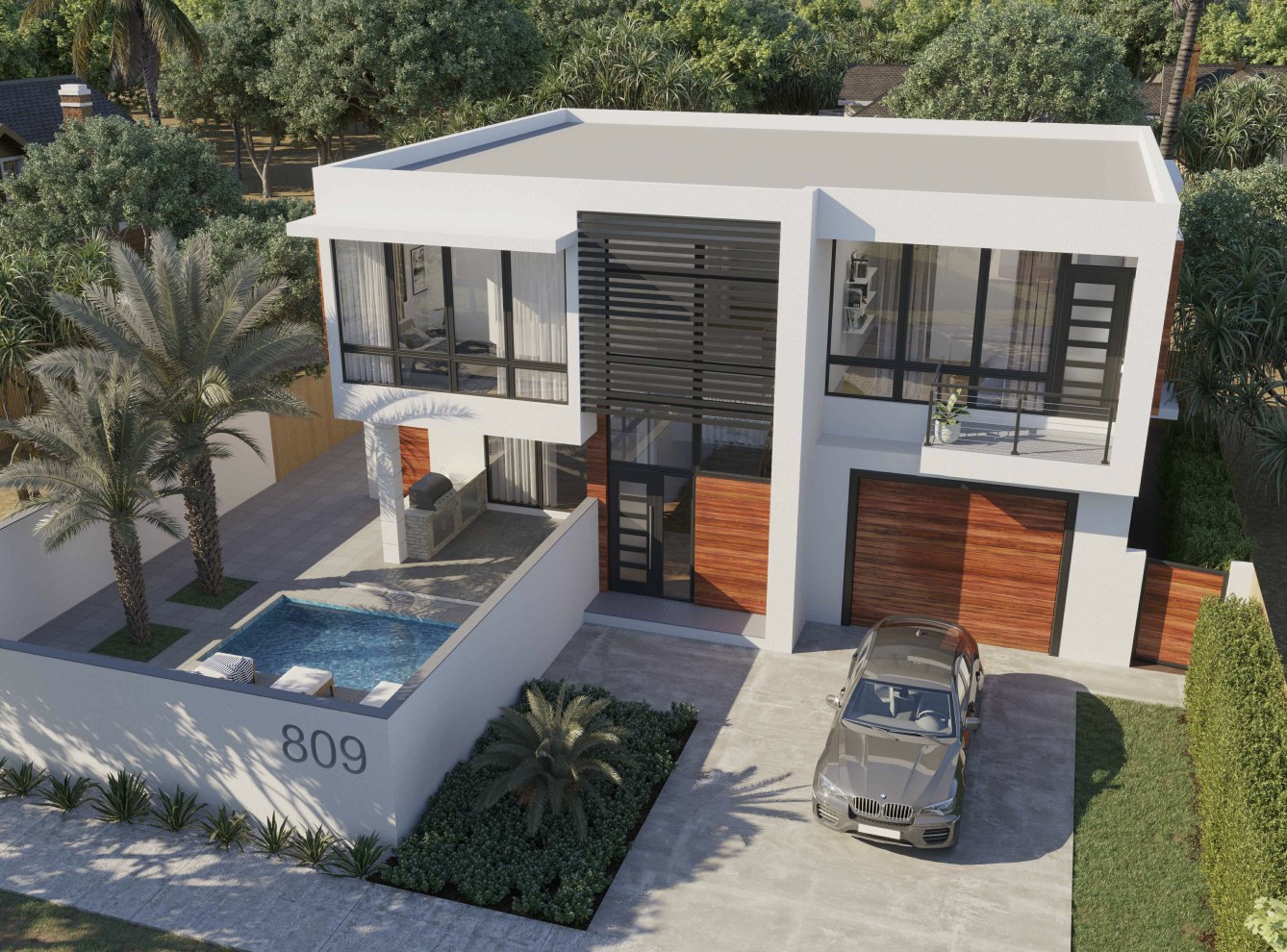 Aerial rendering of the 809 NW 2nd residence with pool
